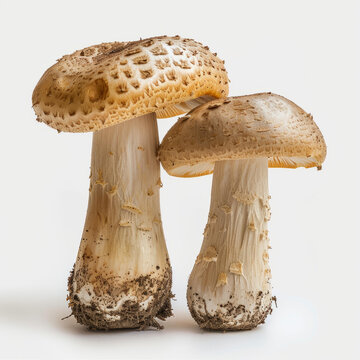 兩只白色蘑菇柄的褐色蘑菇