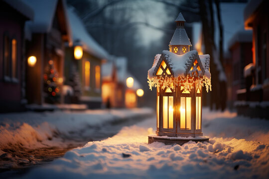 雪夜村莊街燈