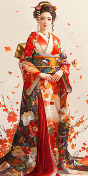 身著傳統(tǒng)日式和服的優(yōu)雅女子