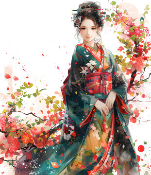 身穿和服的亞洲女子置身于一片花海之中