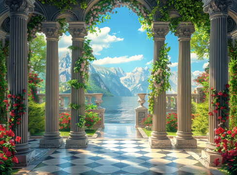 奇幻景觀露臺俯瞰湖泊和山脈