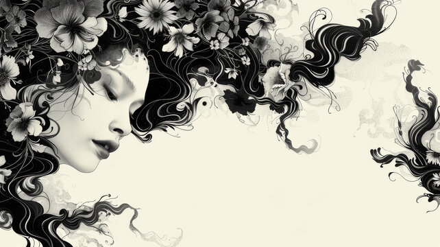 一個戴著花環(huán)的年輕女人的黑白素描