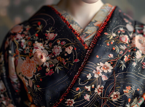 身穿一件繡有紅色和粉紅色花卉圖案的黑色和服的女性特寫
