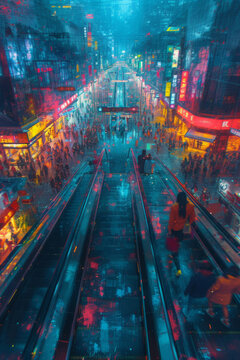 雨天人們走在未來(lái)都市街道上的景象