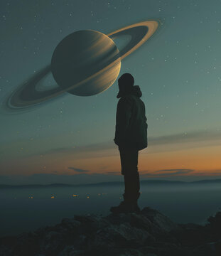 一個(gè)人站在懸崖邊上眺望土星
