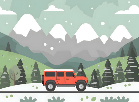 紅色汽車行駛在雪山道路上