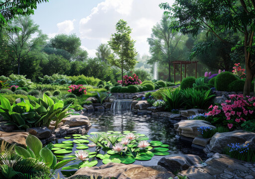 美麗的花園，鮮花盛開，綠樹成蔭，池塘靜謐