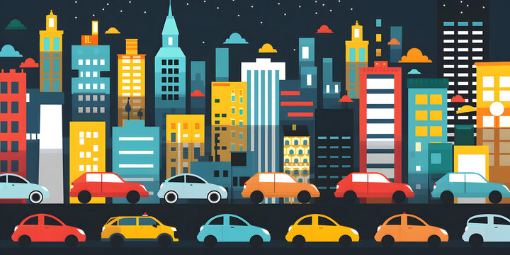 夜晚城市剪影，多彩建筑與汽車