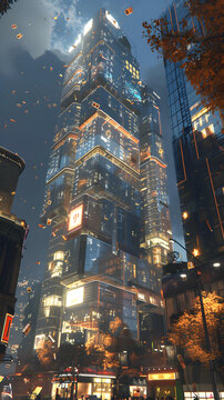 未來都市夜景，高樓林立，窗戶亮著燈
