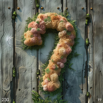 用苔蘚和鮮花制成問(wèn)號(hào)放在木質(zhì)桌面上