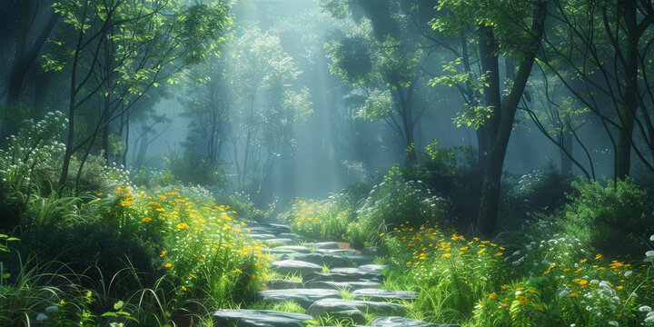 奇幻森林小徑鮮花盛開綠樹成蔭