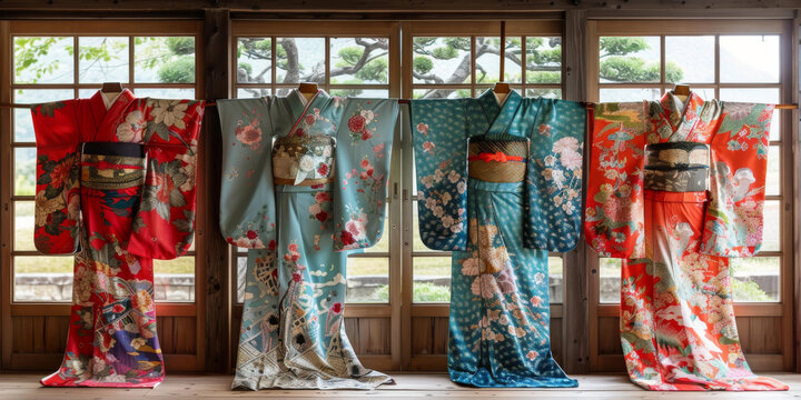 四件色彩鮮艷的和服在一間木質(zhì)元素的房間里展示