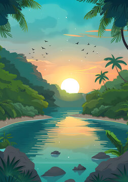 熱帶棕櫚樹河邊日落風景