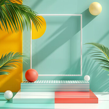 簡(jiǎn)約夏日背景，棕櫚葉和幾何圖形