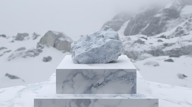 雪山背景下的白色大理石展臺