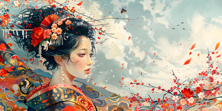 身著傳統(tǒng)和服的日本女性，背景是櫻花