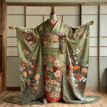 身穿綠色帶花紋和服的女性