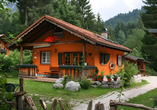 森林中帶綠色百葉窗的橙色小屋