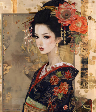 身穿和服、頭戴紅白兩色花朵的日本女性插圖