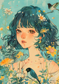 花朵環(huán)繞的少女與鳥