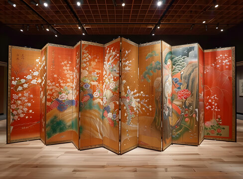一幅巨大的畫(huà)作，金色背景，上面有五顏六色的花朵和鳥(niǎo)兒。