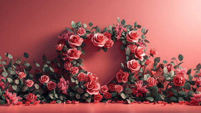 3D粉紅色玫瑰花朵心形花環(huán)