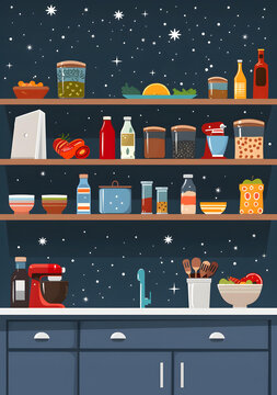 夜晚廚房內(nèi)景，架子上擺滿了食物
