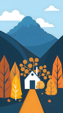 秋天山巒房屋風(fēng)景