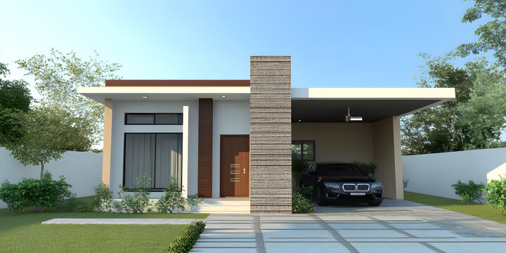 現(xiàn)代簡(jiǎn)約風(fēng)格住宅設(shè)計(jì)，帶車棚和綠草坪