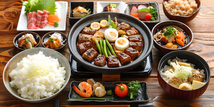 日式料理,包括米飯,湯,蔬菜,魚(yú),肉,雞蛋和蝦