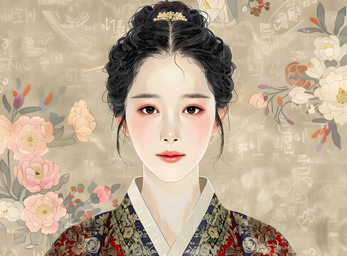 身穿韓國(guó)傳統(tǒng)服飾的年輕韓國(guó)女性肖像