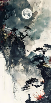 水彩山川月夜風(fēng)景畫(huà)