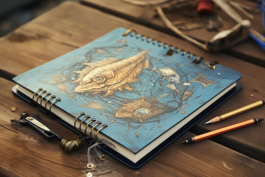 一本插有奇幻魚(yú)插圖的復(fù)古書籍的封面