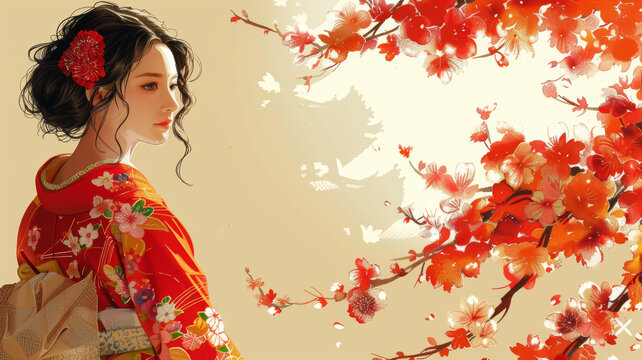 身穿紅色和服的美麗日本女子站在彼岸花田中。