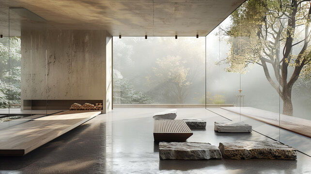 現(xiàn)代日式房屋落地窗俯瞰森林風(fēng)景