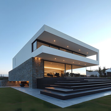 現(xiàn)代建筑風(fēng)格的房屋外景，帶石墻和庭院