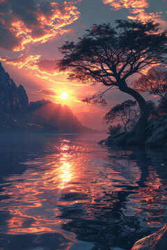 夕陽(yáng)西下湖光山色樹影婆娑