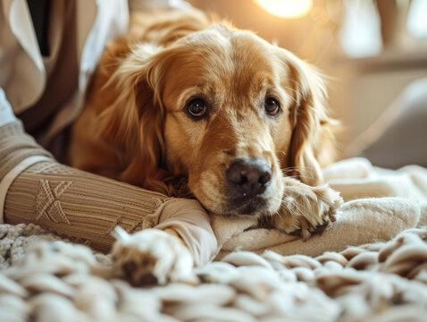 一只金毛獵犬正躺在毯子上悲傷地看著鏡頭