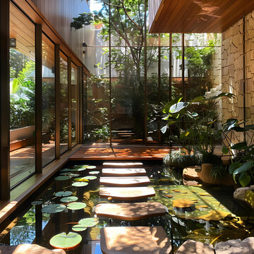 室內(nèi)花園與睡蓮池和石板路