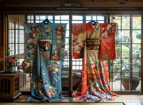 兩件美麗的花卉圖案的紅色和藍(lán)色和服