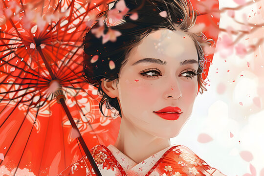 身穿紅色和服撐著紅色雨傘的亞洲女子站在櫻花樹下