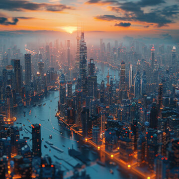 夕陽下的城市景觀與摩天大廈
