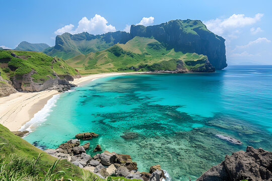 美麗的海景與海灘和綠色的山脈