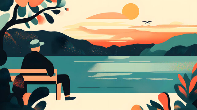 坐在長(zhǎng)椅上看夕陽西下的人