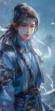 藍(lán)衣金飾的古風(fēng)美男子肖像