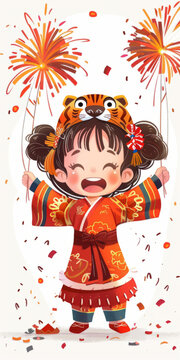 戴虎頭帽的可愛女孩慶祝中國新年