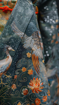 一件繡有孔雀和花卉圖案的和服的特寫