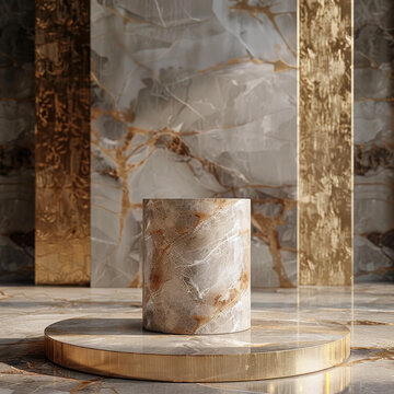 3D渲染的大理石圓柱體展示臺，帶金色圓環(huán)，大理石背景