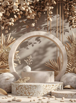 簡(jiǎn)約圓形產(chǎn)品展示背景，淺棕色干燥花裝飾