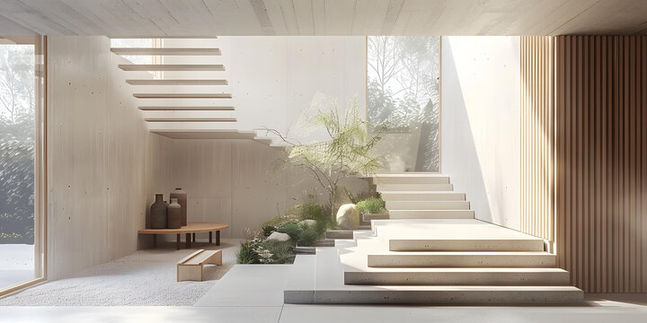 極簡風(fēng)格室內(nèi)設(shè)計(jì)，水泥樓梯搭配小型花園
